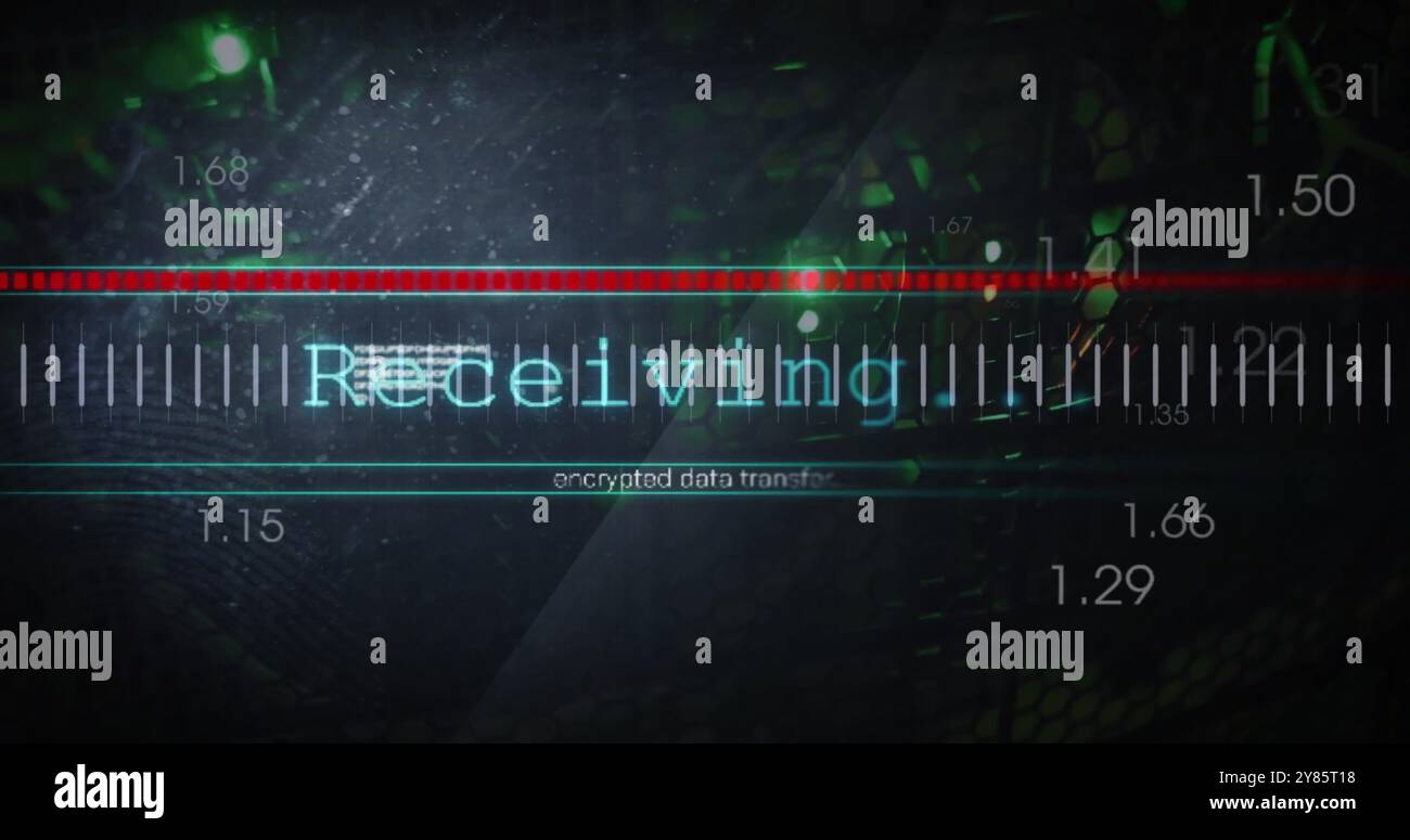 Bild des Empfangs von verschlüsseltem Datentext bei der Schnittstellenverarbeitung über den Serverraum Stockfoto