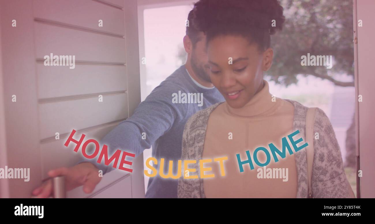 Bild von zuhause süßer Text mit Lichtflecken über diversen Paaren, die durch die Tür gehen Stockfoto