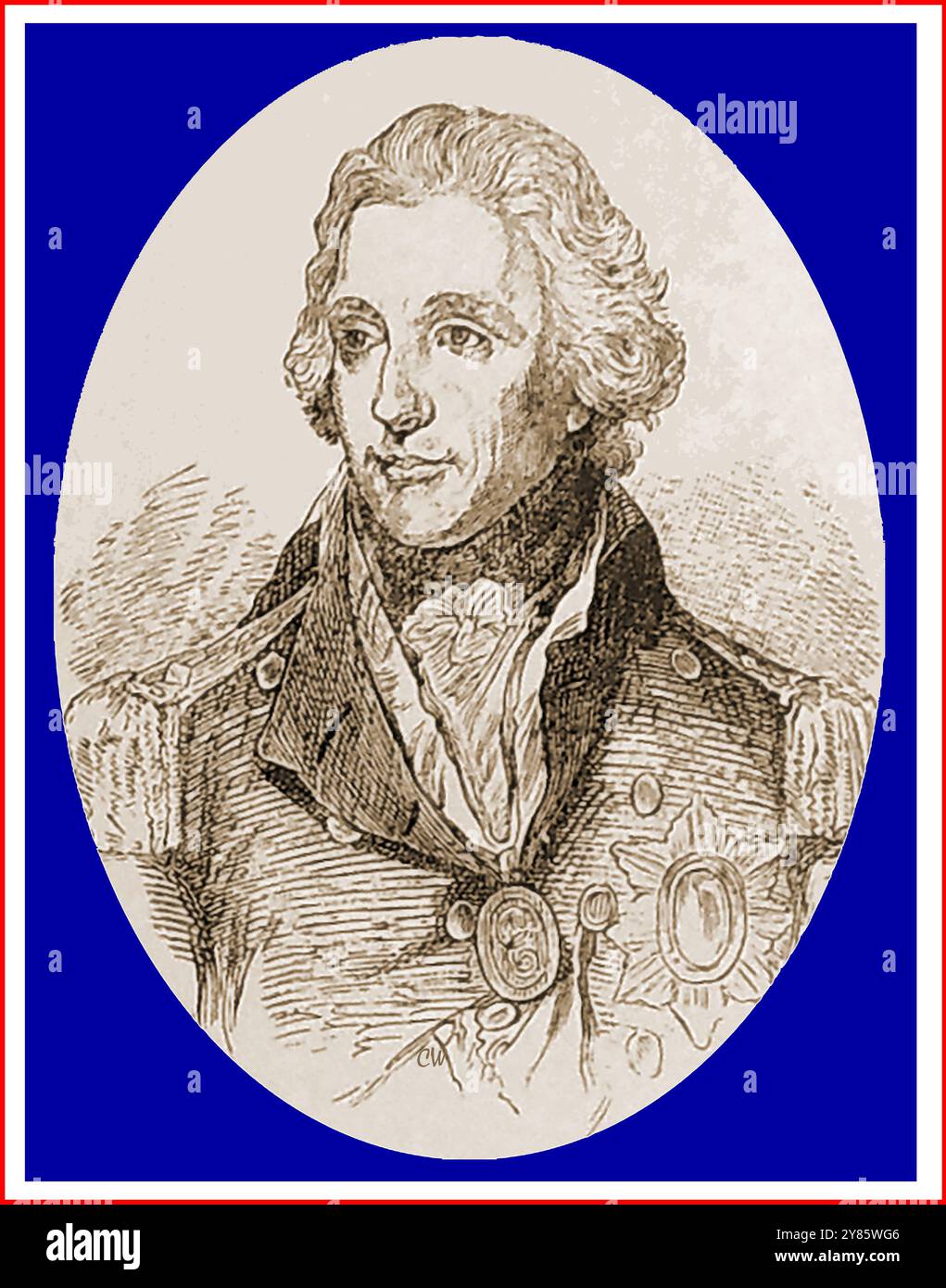 Ein Porträt von Horatio Nelson mit blauem Rahmen. Vize-Admiral Horatio (1758–1805) nahm einen britischen Flaggenoffizier in der Royal Navy an. Stockfoto