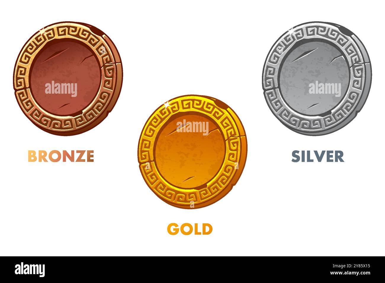 Gold-, Bronze- und Silbermünzen mit Ornament. Leere Coins-Vorlage für Ihr Design. Leere Medaillen. Runde Symbole für 2D-Spiele oder Slots Stock Vektor