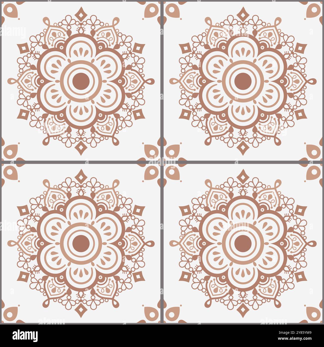 Indisches Fliesendesign mit Mandala und Blumen in Braun auf weißem Hintergrund - Vektor-repetitives Fliesenmuster Stock Vektor