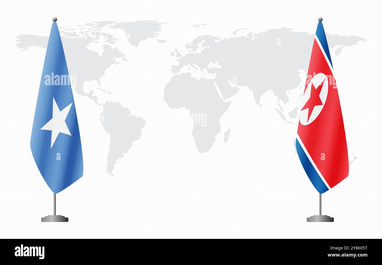 Somalia und Nordkorea Flagge für offizielles Treffen vor dem Hintergrund der Weltkarte. Stock Vektor