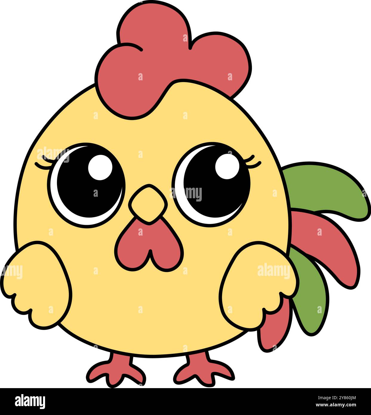 Zodiac Chinesisches Hahntier des Neujahrszeichens. Asiatische Kawaii netter Stil isolierte Illustration von Maskottchen. Entzückendes gelbes Huhn mit großem E Stock Vektor