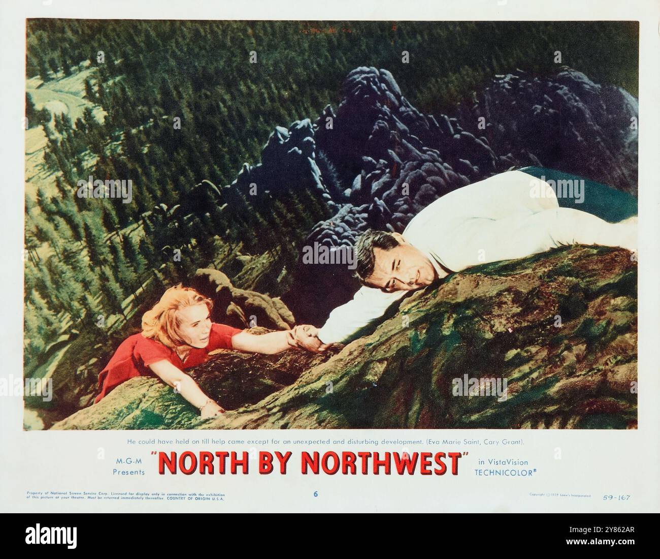 Cliffhanger - Cary Grant und Eva Marie Saint in North by Northwest (Alfred Hitchcock, MGM, 1959). Foyer Card Stockfoto