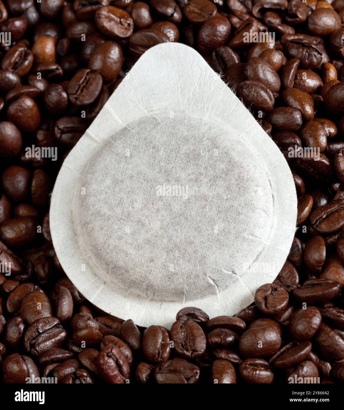 Kaffeepad liegt auf gerösteten Bohnen auf und sorgt für Textur und Aroma. Braune Farbtöne tauchen auf weißem Hintergrund auf und halten das Wesen eines perfekten Morgenc fest Stockfoto