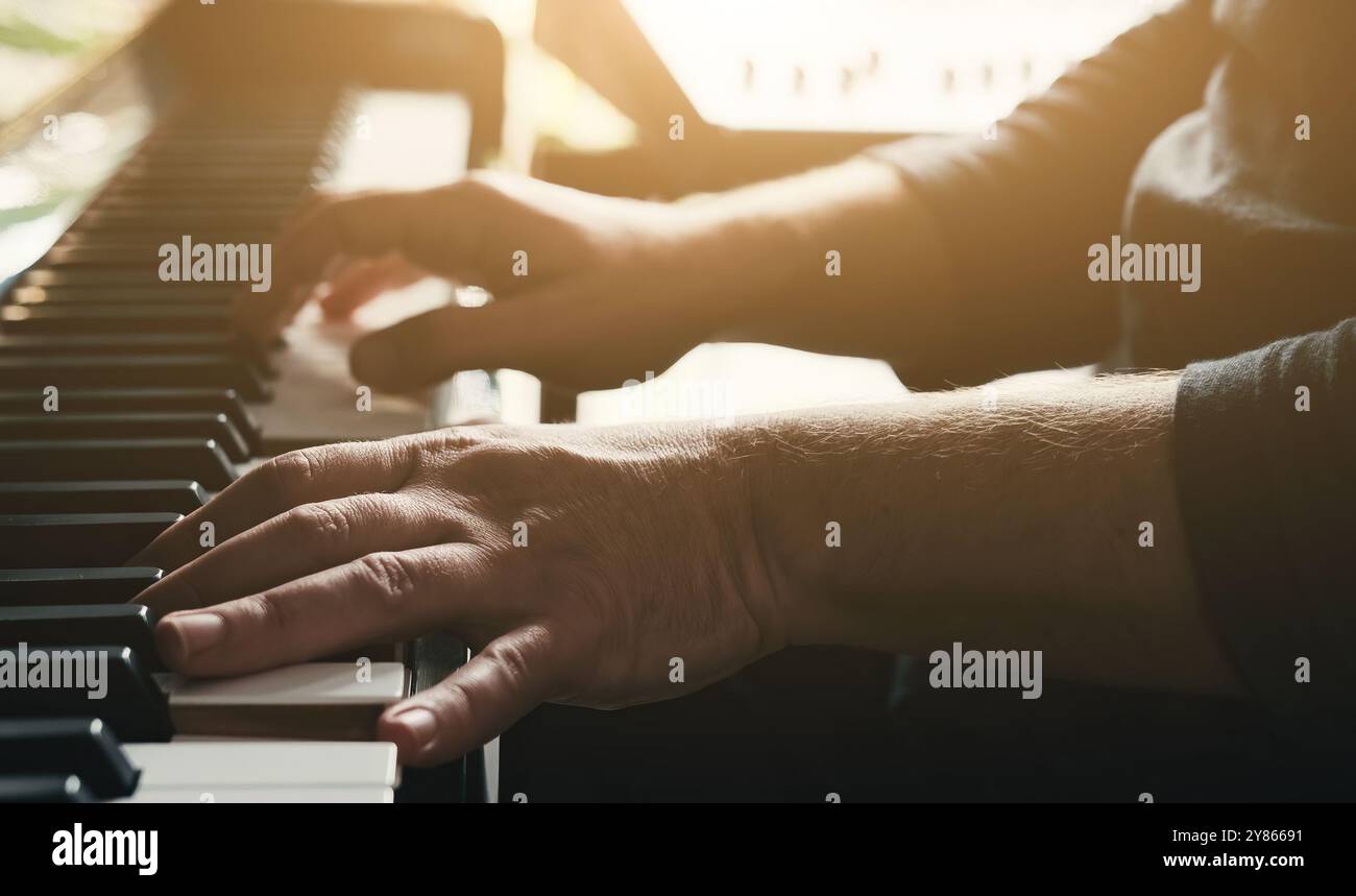 Man Hands spielen Piano Keyboard Nahaufnahme und kreieren instrumentale Komposition mit professionellem Sound. Musikalische Perfomance mit klassischer Musik auf pi Stockfoto