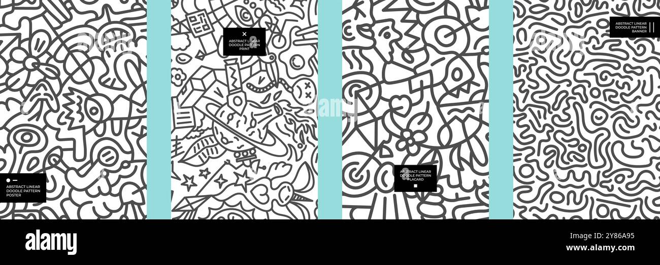 Abstraktes Poster-Set mit linearem Doodle-Muster. Schwarzer, auffälliger Marker mit chaotischem Dekorationsdruck. Modernes, trendiges Plakatdesign mit freihändigen Schriftlinien. Zeitgenössische Schwarzweiß-Grafik-Tapete Stock Vektor