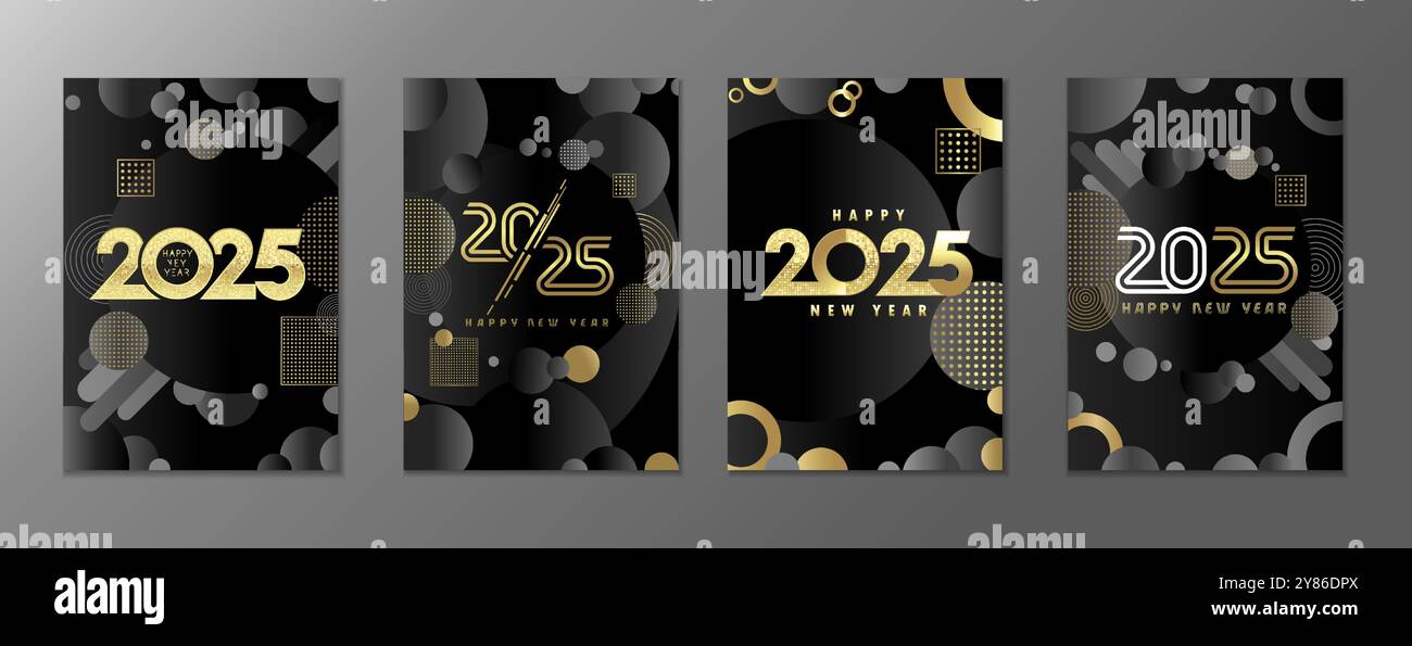 Set mit luxuriösen Karten zum Happy New Year 2025. Premium-Cover-Konzept mit goldenen Mosaiknummern, runden Kugeln, Linien und Elementen im memphis-Stil. Vektor Stock Vektor