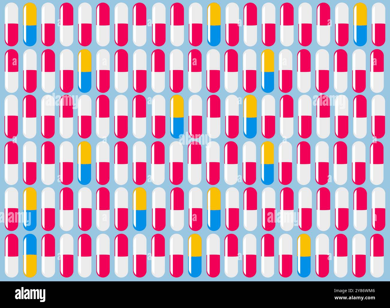 Medikamente in Kapselform oder illegale Medikamente in Kapselform werden in Reihen gesehen, um ein interessantes Hintergrundbild in dieser 3D-Abbildung zu bilden. Stockfoto