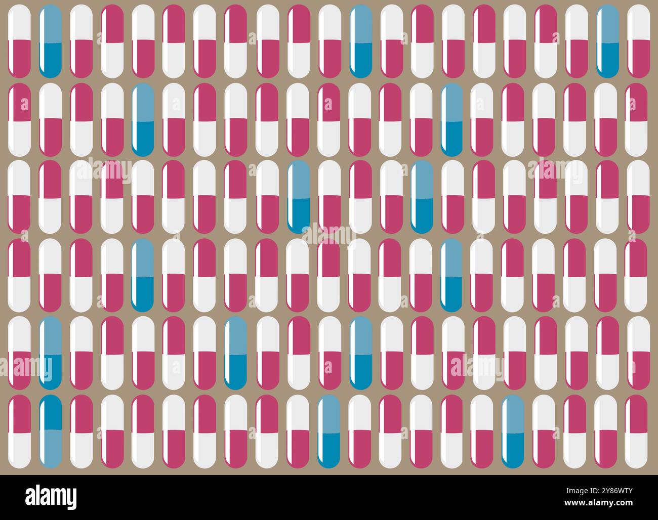 Medikamente in Kapselform oder illegale Medikamente in Kapselform werden in Reihen gesehen, um ein interessantes Hintergrundbild in dieser 3D-Abbildung zu bilden. Stockfoto