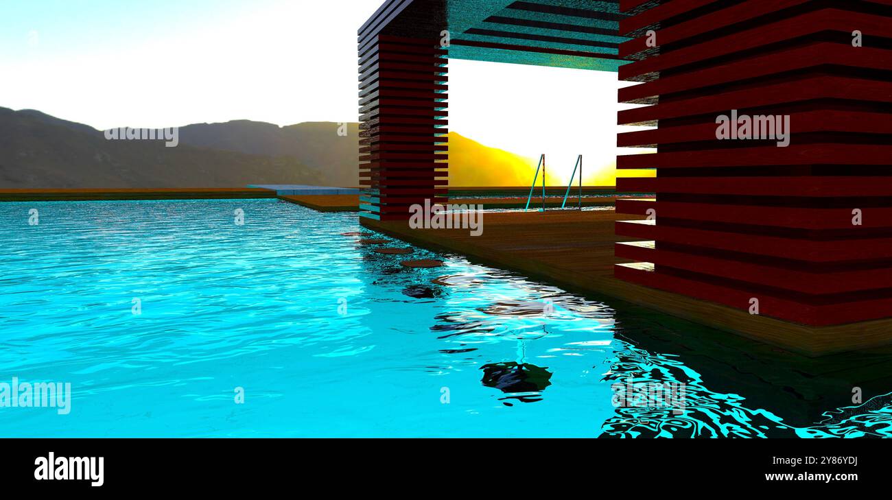 Barhocker unter klarem Wasser in der Nähe eines hölzernen Pavillons in einem großen See, umgeben von Bergen bei Sonnenaufgang. 3D-Rendering. Stockfoto