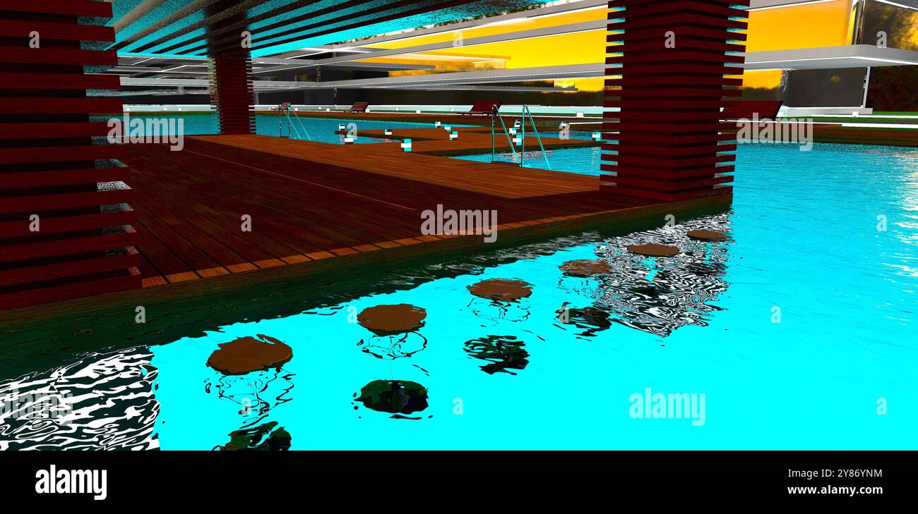 Komfortable Barhocker direkt am Pool neben dem hölzernen Terrassenboden in einem Clubhotel auf Kreta. 3D-Rendering Stockfoto