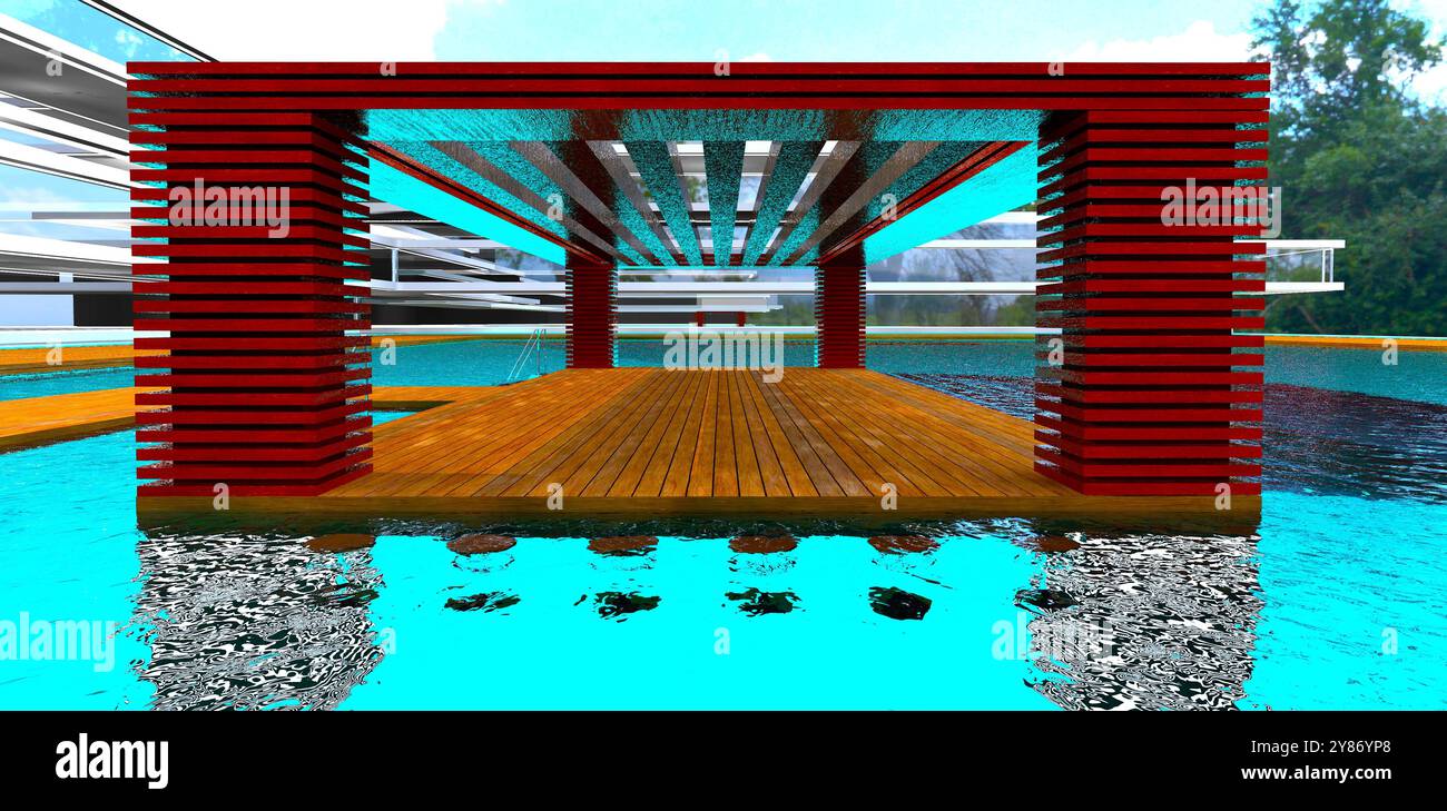 Design einer hölzernen Terrasse im Pool. Barhocker unter Wasser für den Komfort der Hotelgäste. 3D-Rendering. Stockfoto