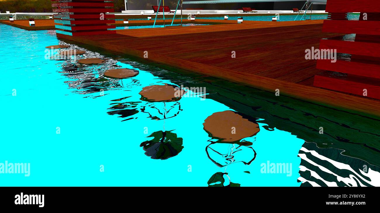 Mehrere Barhocker tauchten nachts in einem türkisfarbenen Pool in der Nähe eines hölzernen Pavillons im Innenhof eines privaten Hotels unter Wasser. 3D-Rendering. Stockfoto