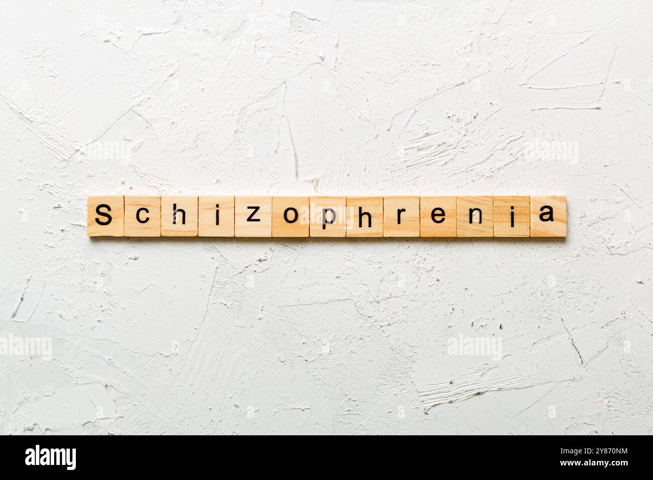 Schizophrenie Wort auf Holz Block geschrieben. Schizophrenie text auf Tisch, Konzept. Stockfoto