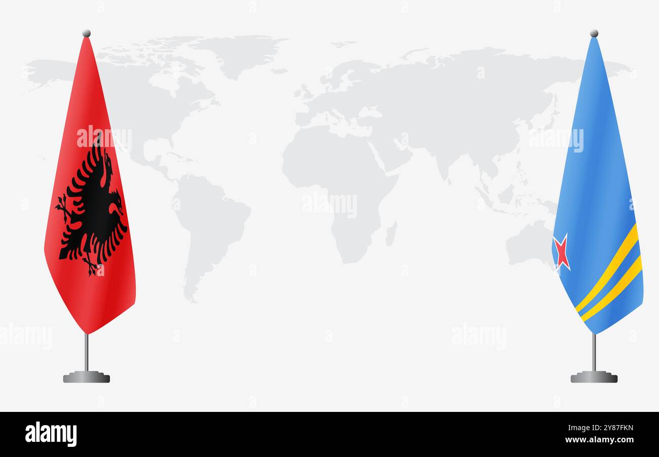 Albanien und Aruba Flaggen für offizielle Treffen vor dem Hintergrund der Weltkarte. Stock Vektor
