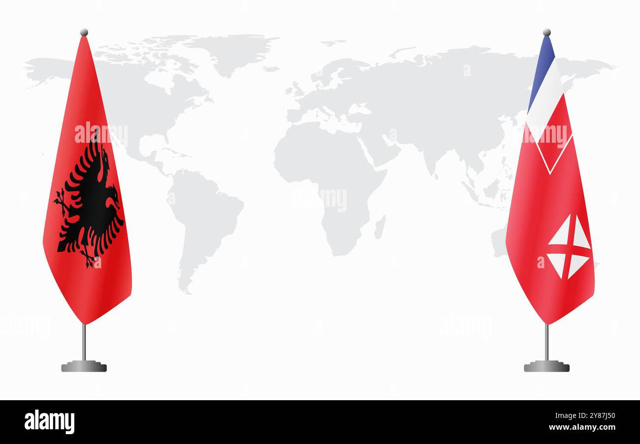 Albanien und Wallis und Futuna Flaggen für offizielle Treffen vor dem Hintergrund der Weltkarte. Stock Vektor
