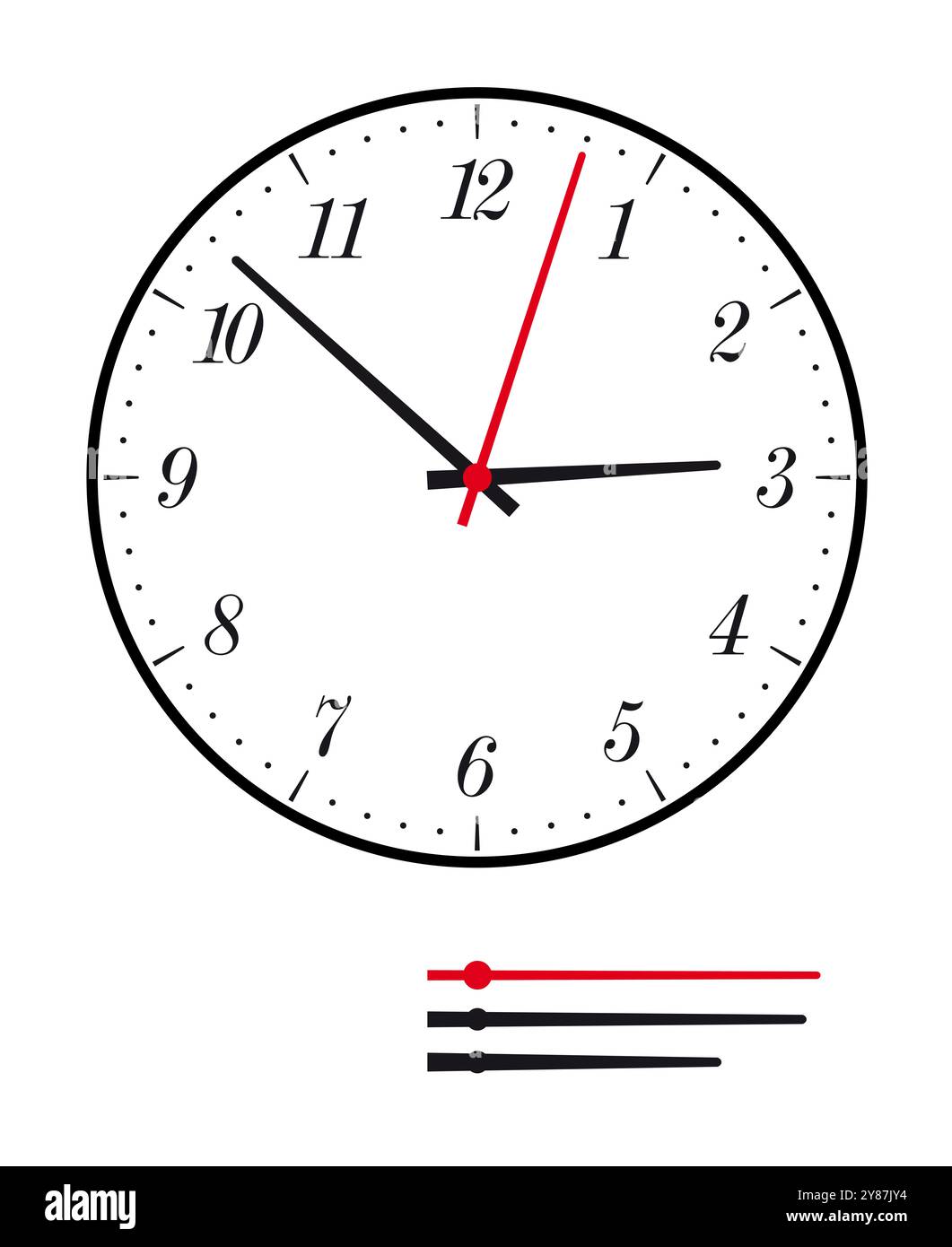 Elegantes Zifferblatt einer Uhr. Kreisförmiges analoges Zifferblatt mit kursiven Zahlen für Stunden, Unterteilung in Minuten, Zeiger für Minuten, Stunden, Sekunden. Stockfoto