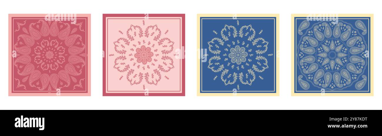 Set aus rosafarbenen und blauen Tüchern oder Bandanas mit Paisley-Mandala-Mustern und Blumenelementen Stock Vektor
