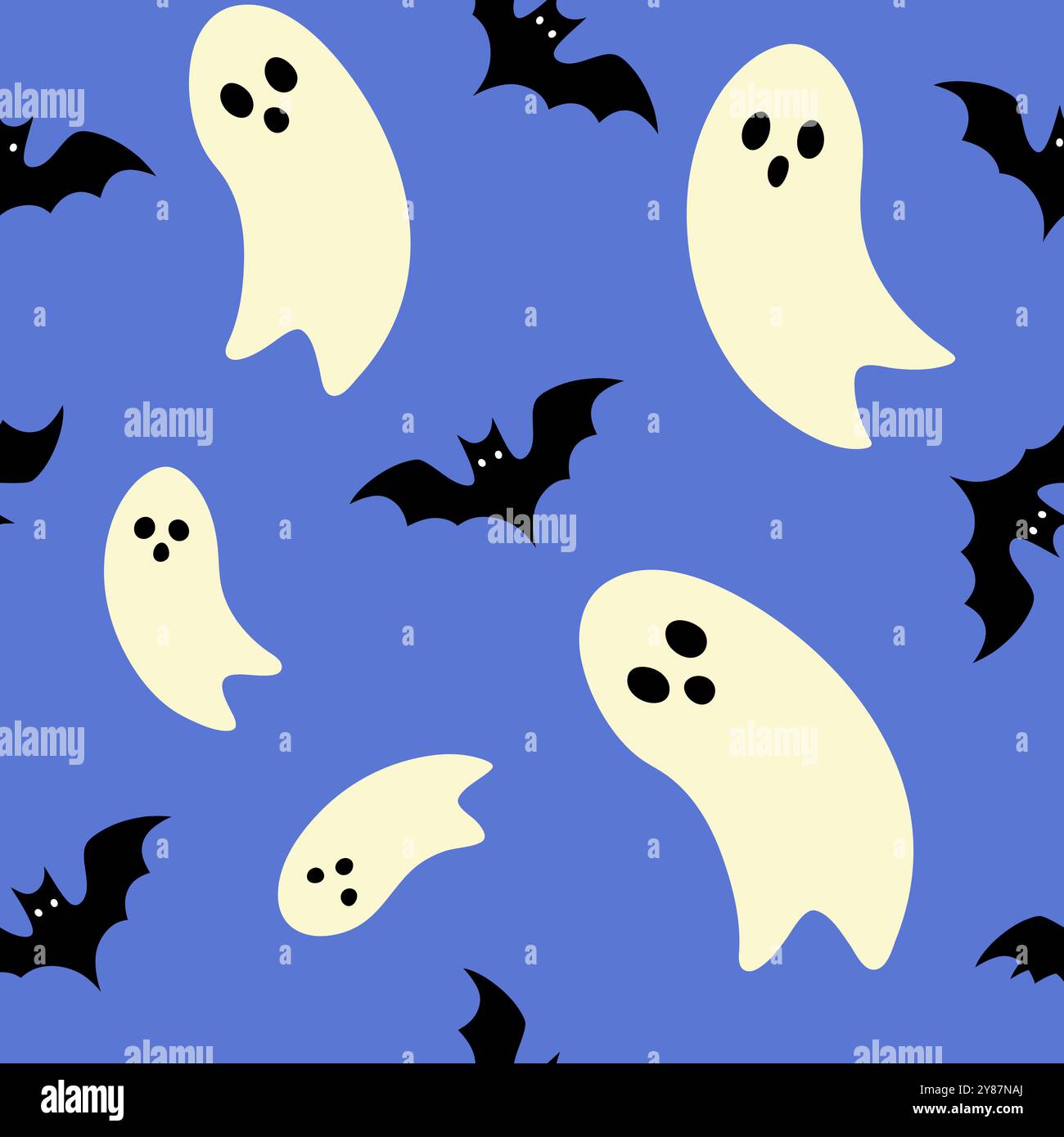 Niedlicher Geist und gruselige Fledermäuse fliegen auf dem blauen Hintergrund. Nahtloses Halloween-Muster Stock Vektor
