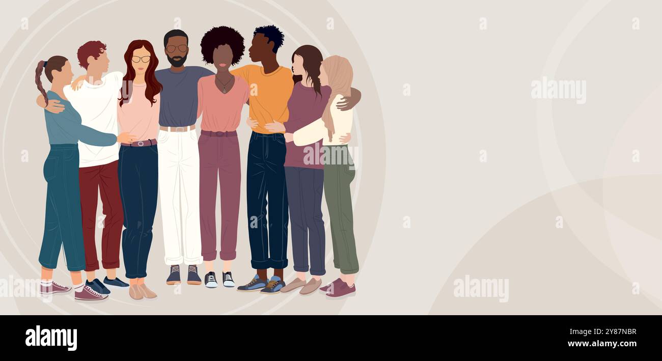 Eine Gruppe von Menschen, die sich gegenseitig aus verschiedenen Kulturen umarmen, hält Hand. Teamarbeit und Zusammenarbeit. Gemeinschaft von Freiwilligen oder Freunden Stock Vektor