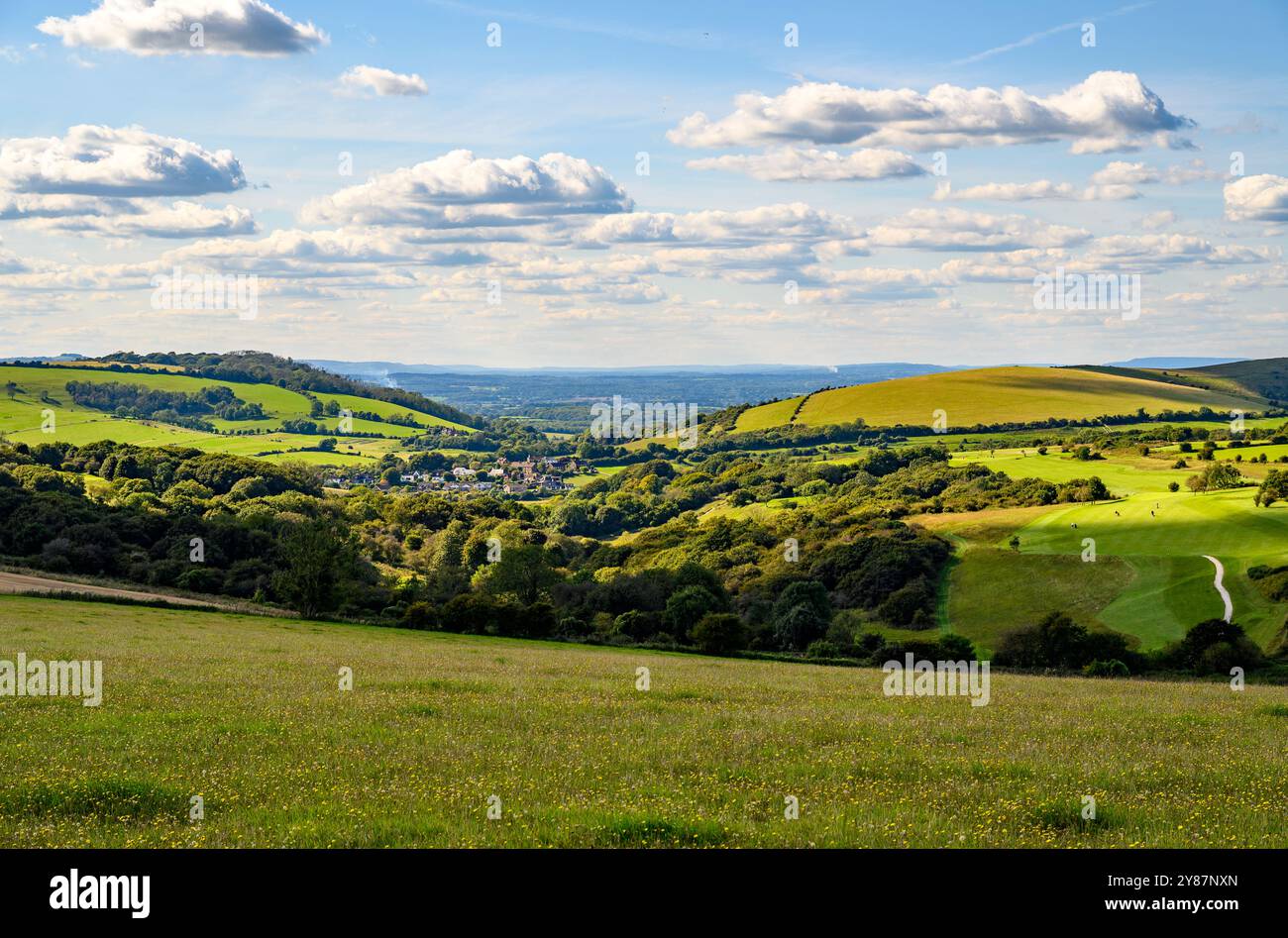 Blick über Felder, Weiden und Wälder in Richtung Pyecombe Village im South Downs National Park, Sussex, England. Stockfoto Blick über Felder, Weiden und Wälder in Richtung Pyecombe Village im South Downs National Park, Sussex, England. Stockfoto