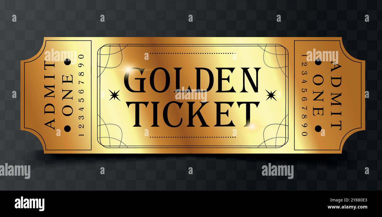 Design der Golden Ticket-Vorlage auf dunklem Hintergrund. Geeignet für Festival, Kino, Theater, Konzert, Casino, Zirkus, Eintrittskarten für Veranstaltungen. Vektorillustraten Stock Vektor