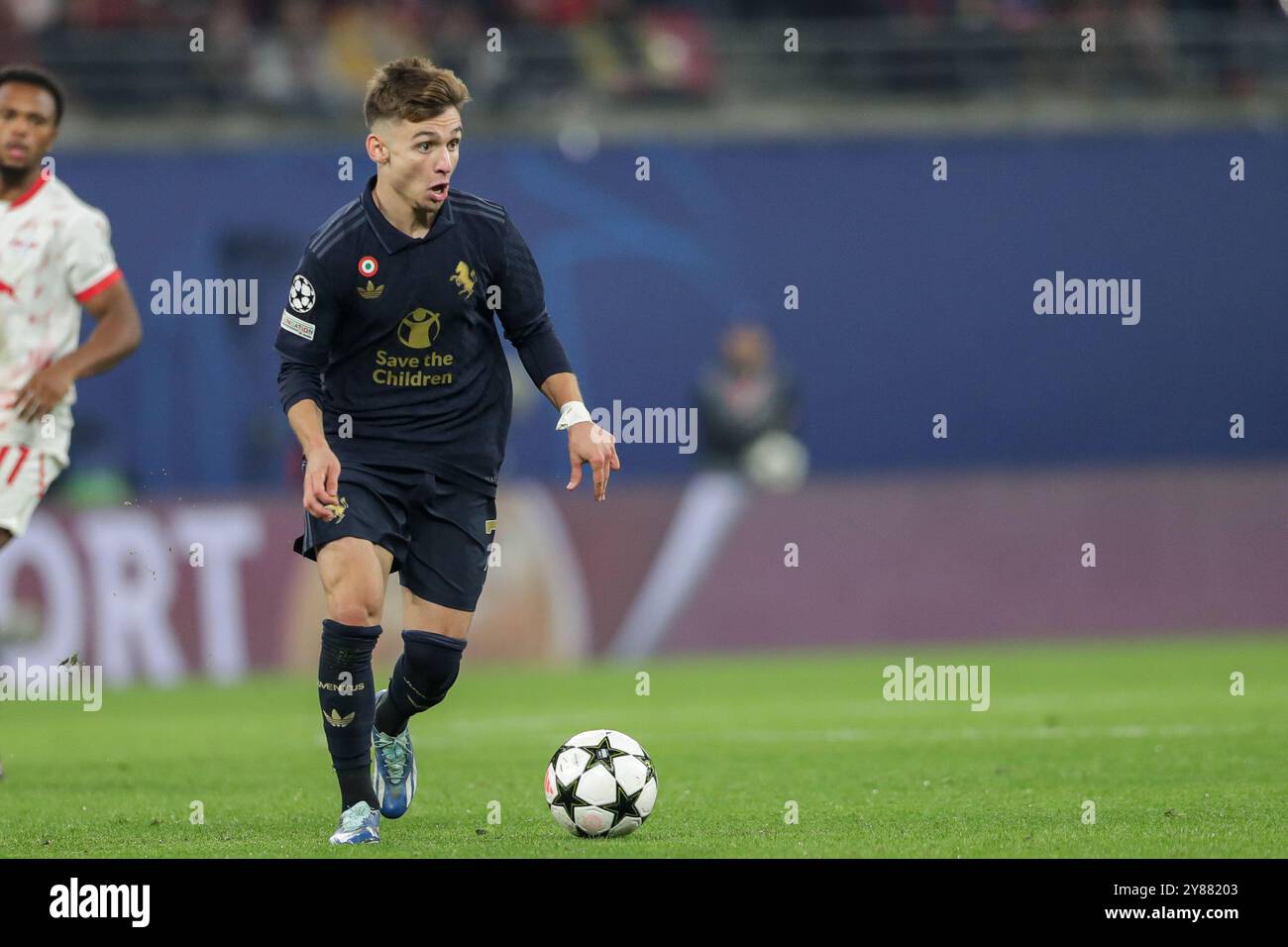 Francisco Conceicao von Juventus wurde während des Spiels der UEFA Champions League zwischen RB Leipzig und Juventus in der Red Bull Arena gesehen. Endpunktzahl; RB Leipzig 2 : 3 Juventus. Stockfoto