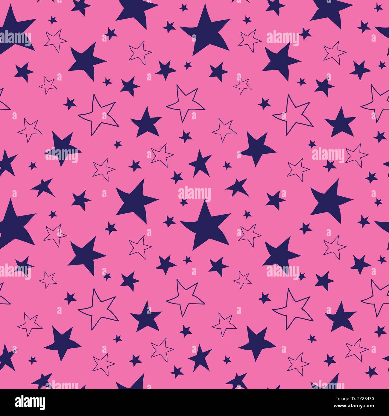 Handgezeichnetes Sternmuster. Dunkle Sterne auf rosa Hintergrund. Nahtloses Muster mit Sternen. Doodle Stars Stock Vektor