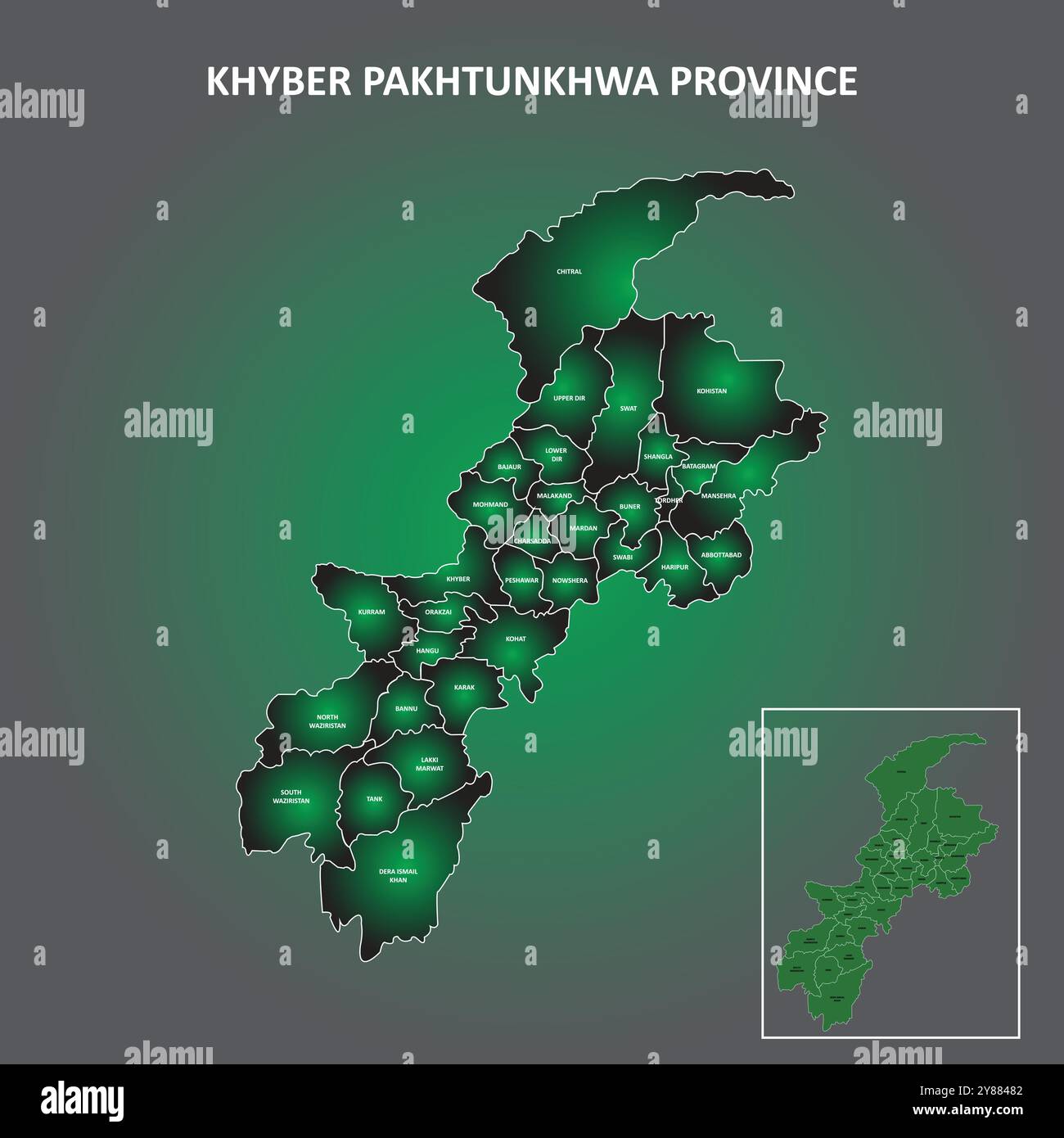 khyber Pakhtunkhwa District Karte mit einem einzigartigen grünen Farbverlauf. Abbildung Stock Vektor