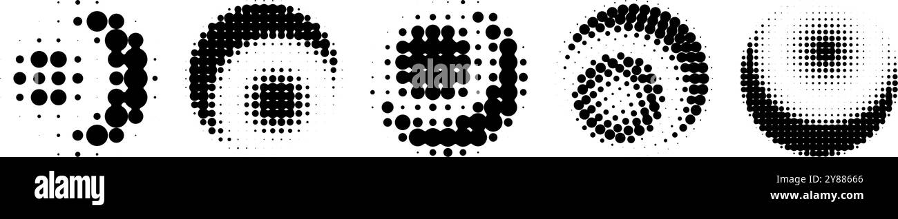 Serie abstrakter radialer Punktformen in Schwarz-weiß. Vektorabbildung Stock Vektor