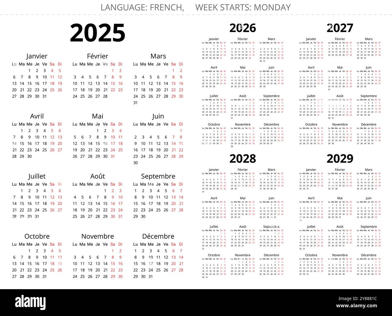 französische Kalender für 2025, 2026, 2027, 2028, 2029 Jahre. Druckbares Vektor-Illustrationsset für Frankreich - Kalender Stock Vektor