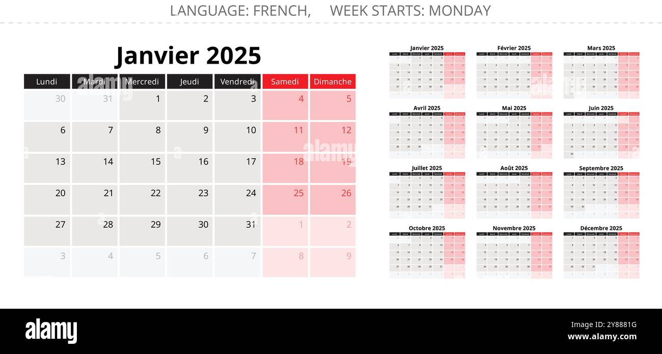 2025 Jahre französischer Seitenkalender. Vektor-Illustration Set für Frankreich - Kalender Stock Vektor