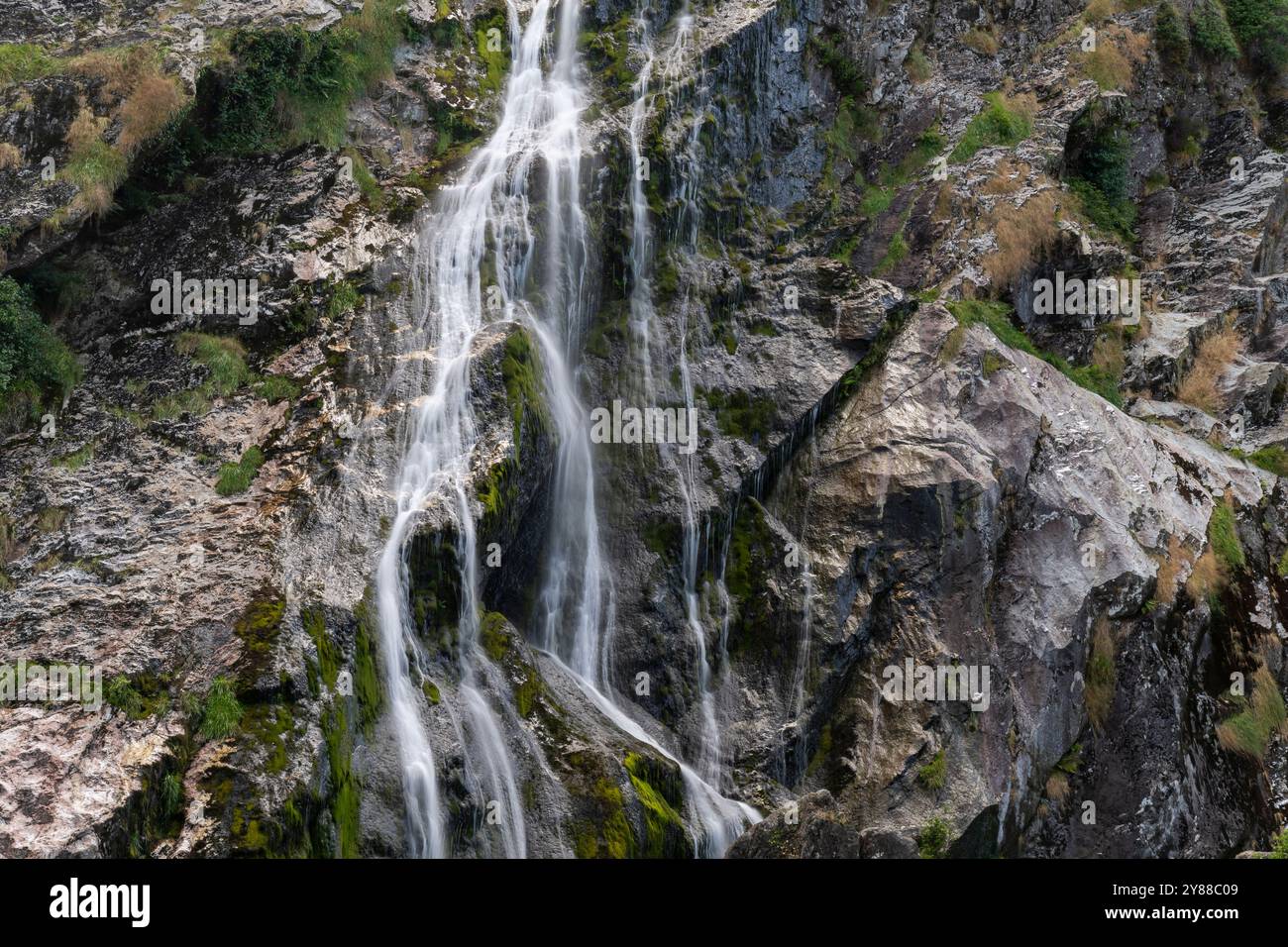 Nahaufnahme des Powerscourt Wasserfalls in Wicklow, Irland – Wasser fließt über moosbedeckte Felsen Stockfoto