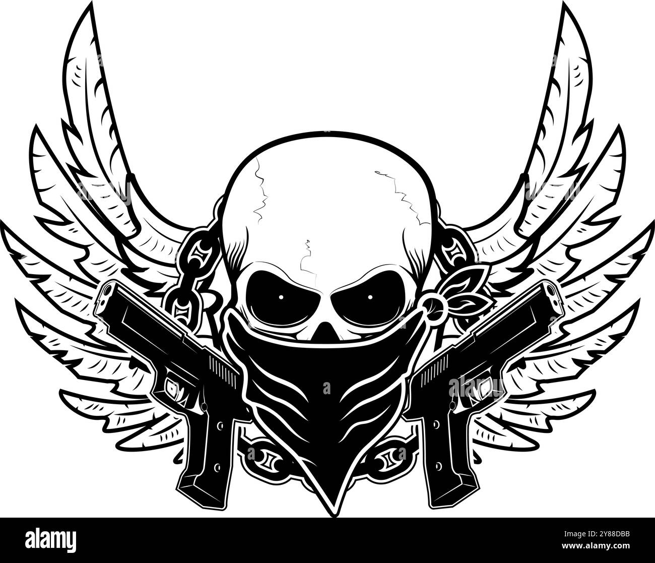 Outlaw T-Shirt-Design-Vorlage. Schädel mit zwei Waffen. Vektordesign-Elemente für Etiketten, Logos, Embleme, Poster und T-Shirt-Druckvorlagen. Stock Vektor