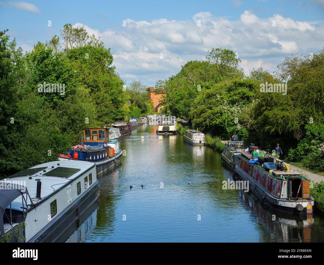 Hausboote und Schmalboote auf dem Fluss Kennet, Newbury, West Berkshire, England, Großbritannien Stockfoto
