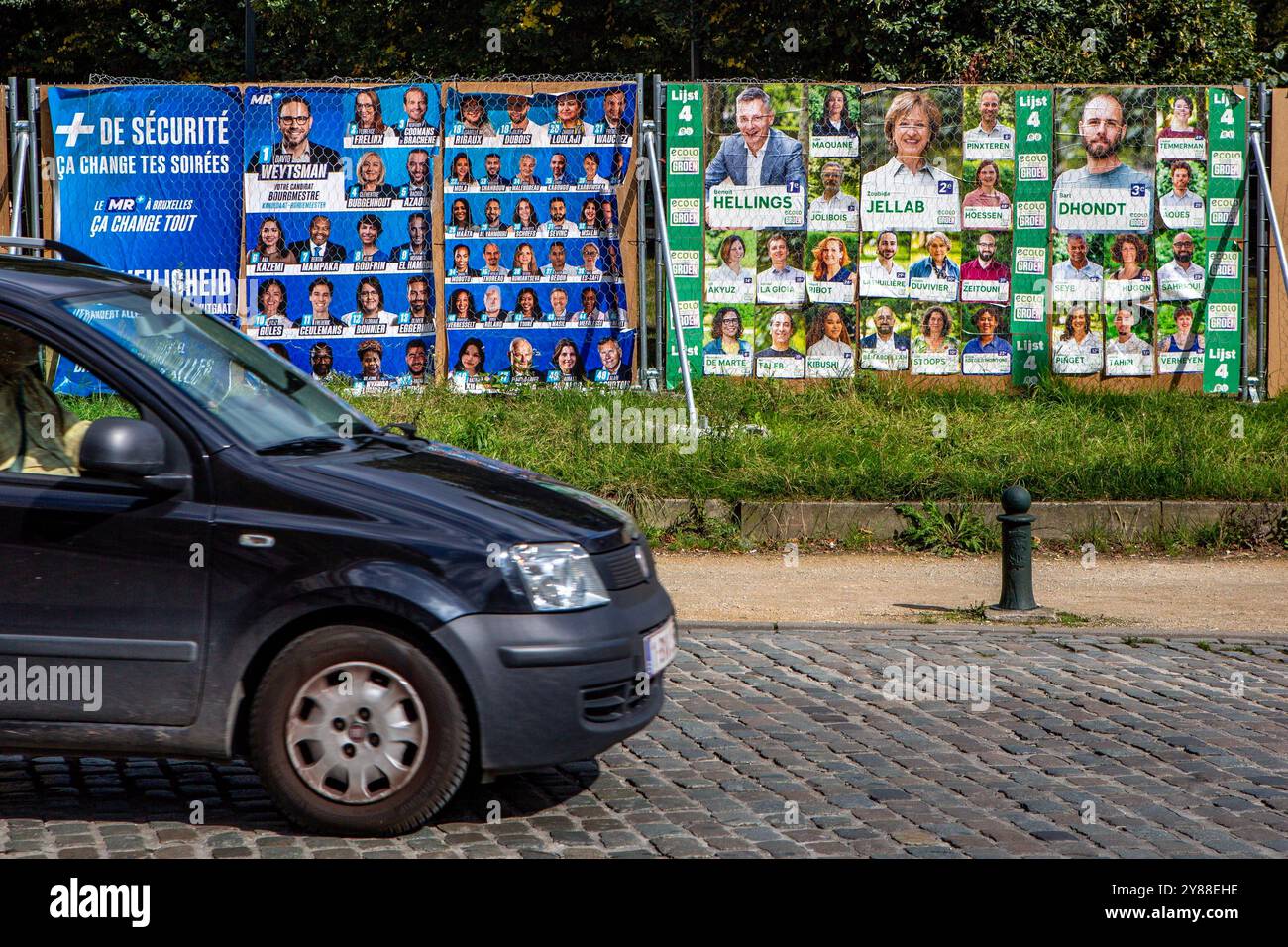 Plakate zur Kommunalwahl in Belgien am 13. Oktober 2024 sind an einer Straße in Brüssel zu sehen. Kommunalwahl Belgien *** Plakate für die Kommunalwahlen in Belgien am 13. Oktober 2024 sind auf einer Straße bei den Brüsseler Kommunalwahlen in Belgien zu sehen Stockfoto