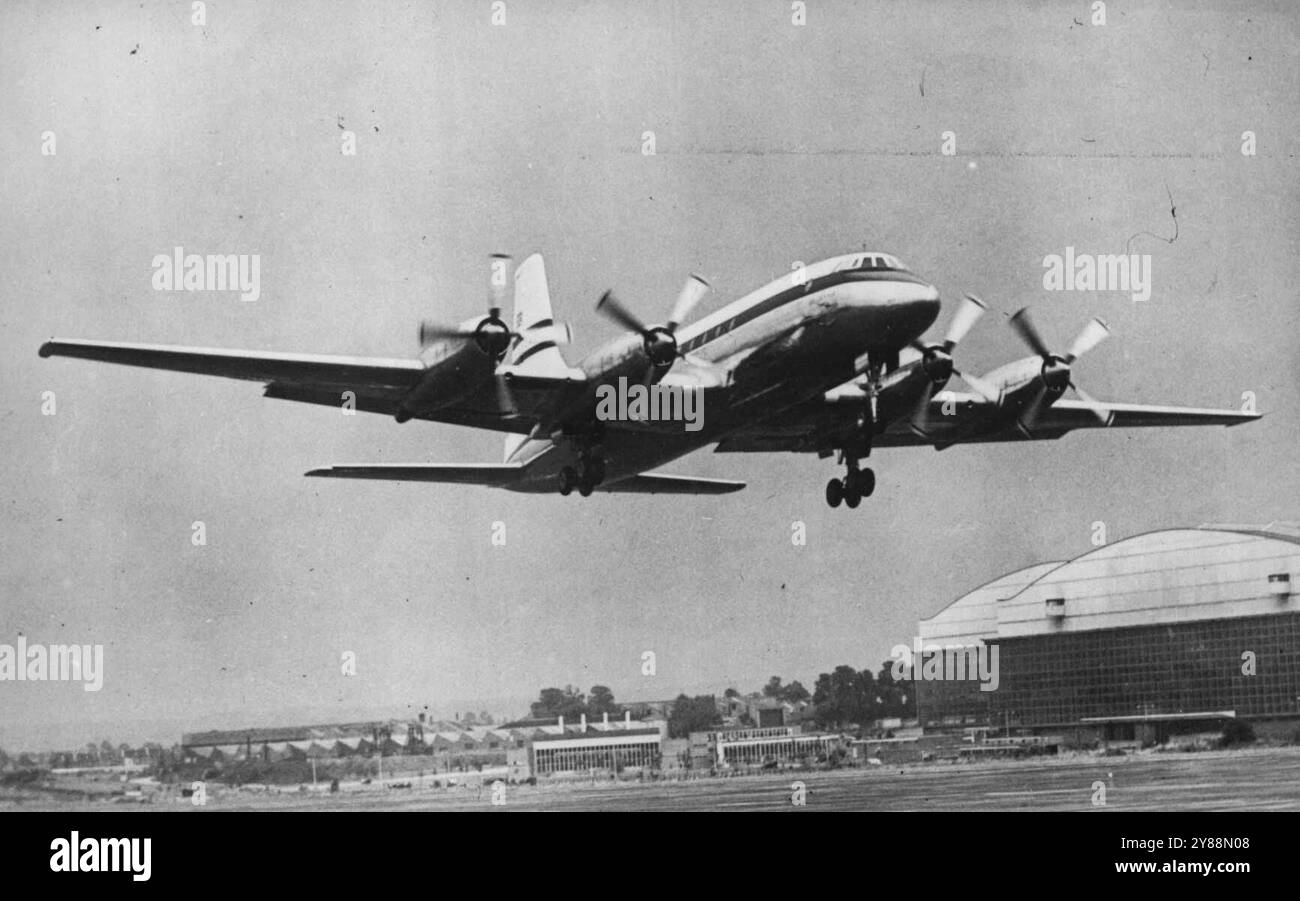 Neues britisches Flugzeug: 6.000 Meilen Flug in weniger als 19 Stunden -- Ein Bristol 'Britannia' im Flug. Das erste Produktionsmodell des neuen Turbinenantriebs **** Das Bristol 'Britannia' - hat ***** Von Bristol, England, nach Johannesburg, S. Afrika, eine Entfernung von 6.070 Meilen in ***** 19 Stunden. Dies ist die schnellste Zeit für ein ziviles Flugzeug. ***** Die Maschine wird fünf Wochen durchlaufen ***** Flugtests in Afrika vor der Rückkehr. Die "Britannia"-Periode von vier Proteus-Motoren soll ***** betragen British Overseas Airways auf den commonwealth-Strecken. März 1955. (Foto: Sports & General Press Agen Stockfoto
