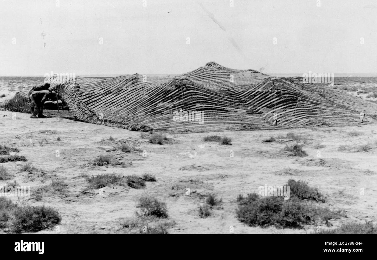 Australische Tarnkanone in der Wüste. Versteckte Geschütze im Gebiet von Tobruk, wo feindliche Truppen von australischen und britischen Truppen aufgehalten wurden. 30. Mai 1941. Stockfoto