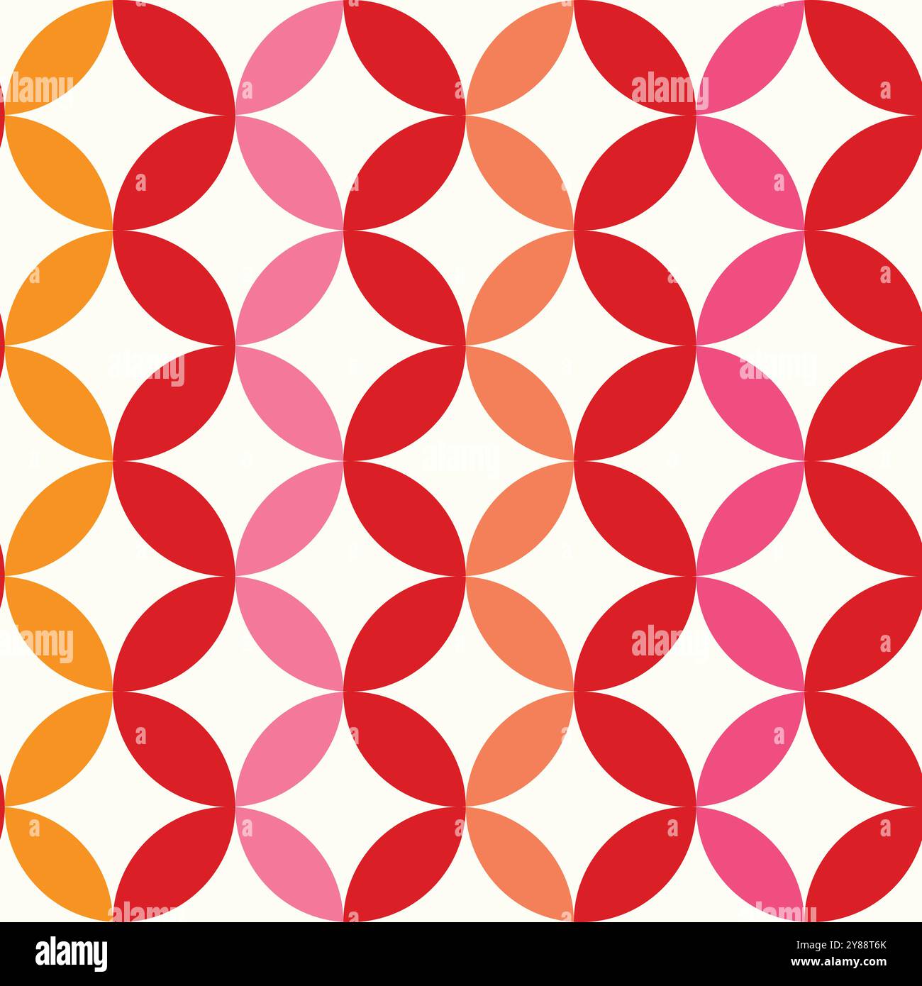 Mid Century geometrische Kreise nahtloses Muster in Rot, Pink, Orange und Korallen auf weißem Hintergrund. Für Tapeten, Wohnkultur und Stoff Stock Vektor