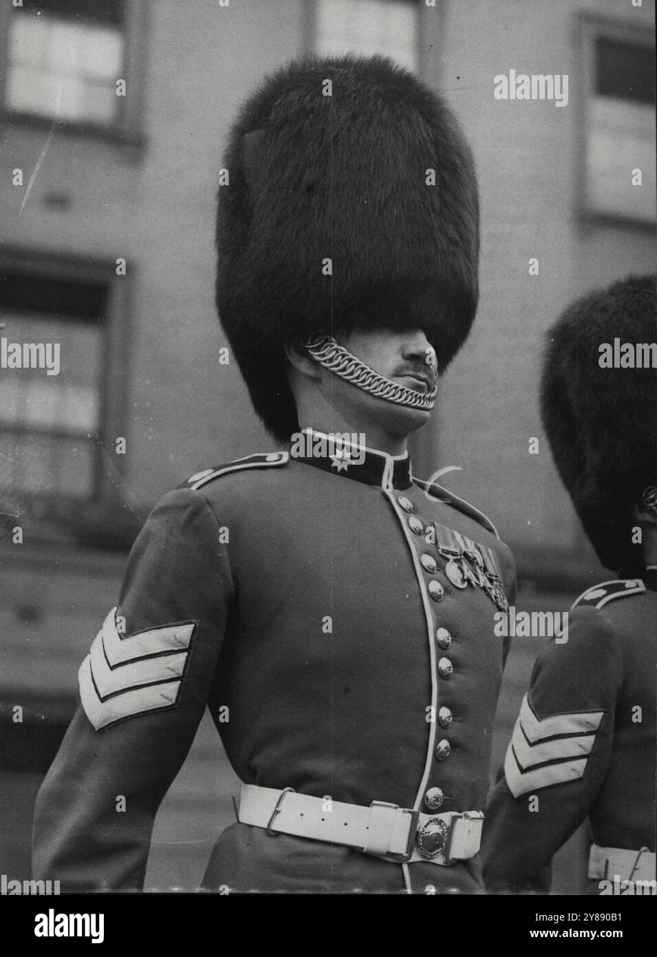 Wachen Perfektion für die Krönung -- wie ein Sergeant der Coldstream Guards aussehen wird, wenn er für die Krönung pariert. Großbritanniens berühmte Guards-Regimenter werden mit brandneuem Glanz glänzen, wenn sie ihren Platz bei der glitzernden Krönungszeremonie im nächsten Juni einnehmen. Tausende neue Uniformen werden speziell für diesen Anlass hergestellt. In der Bekleidungsfabrik Cambridge Heath (London) von L. Silberston and Sons, Ltd. Werden 3000 Bärenfellhüte für Männer der Brigade of Guards hergestellt, die zur Krönung dienen werden Dieselbe Fabrik produziert auch neue scharlachrote Tuniken für die Wächter. Stockfoto