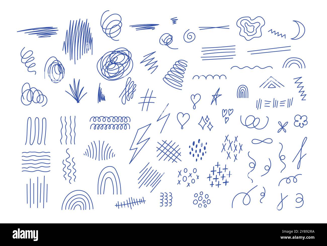 Verschiedene Scribbles und Squiggles Vektorset. Isolierte handgezeichnete Linien mit blauem Tintenstift. Lustige Doodle-Design-Elemente, Konturen, Unterstriche, Kurven. Linie Stock Vektor