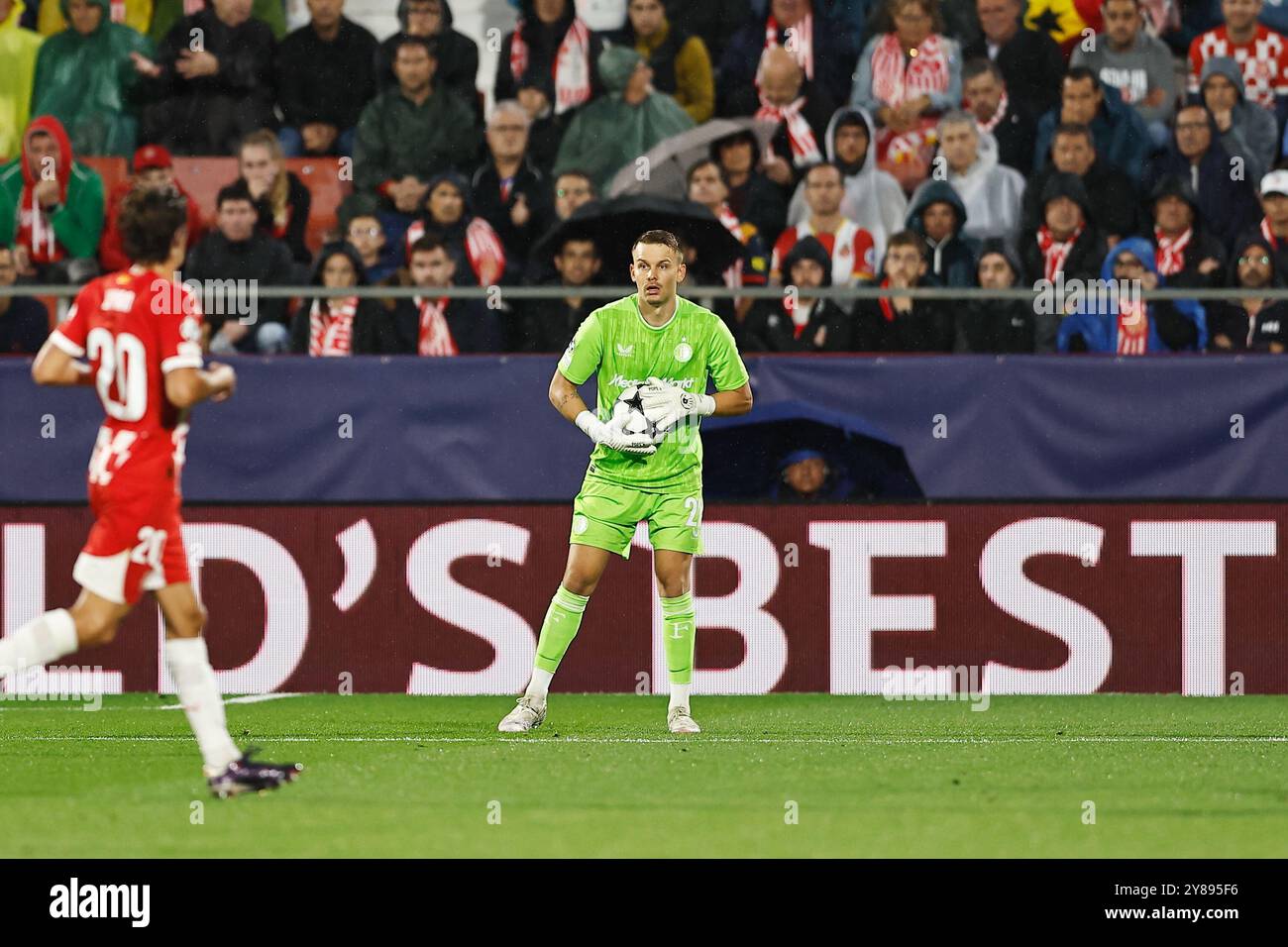 Girona, Spanien. Oktober 2024. Timon Wellenreuther (Feyenoord) Fußball/Fußball: 2. Spieltag der UEFA Champions League zwischen Girona FC 2-3 Feyenoord im Estadi Municipal de Montilivi in Girona, Spanien. Quelle: Mutsu Kawamori/AFLO/Alamy Live News Stockfoto