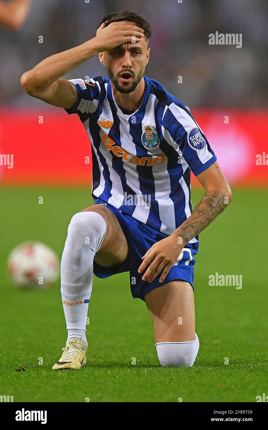 Porto, Portugal. Oktober 2024. Dragao Stadion, UEFA Europa League 2024/2025, FC Porto gegen Manchester United; Fabio Vieira vom FC Porto reagiert auf ein Spiel zwischen dem FC Porto und Manchester United für die zweite Runde der UEFA Europa League 2024/2025 im Dragao Stadium in Porto am 3. Oktober 2024. Foto: Daniel Castro/DiaEsportivo/Alamy Live News Credit: DiaEsportivo/Alamy Live News Stockfoto