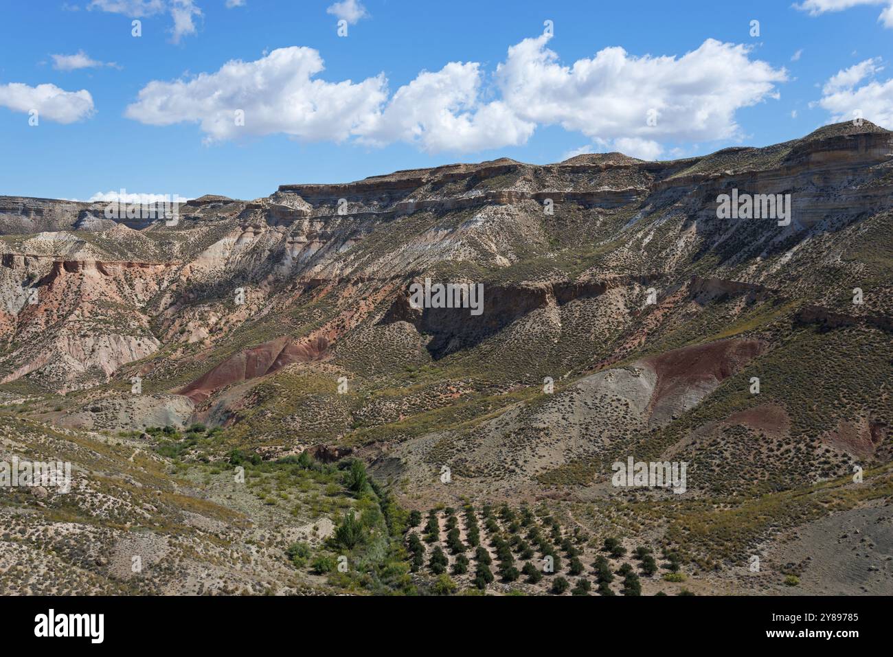 Blick in eine weite felsige Landschaft unter einem blauen Himmel mit Wolken, Discordancia Anqular de Gorafe, Gorafe Angular Discordance, Gorafe Desert, Granada und Stockfoto