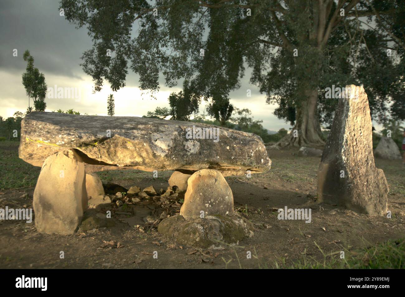 Ein Dolmen neben einem Menhir an einem der Megalithplätze von Sekala Brak im Dorf Purajaya, Sumber Jaya, West Lampung, Lampung, Indonesien. Stockfoto