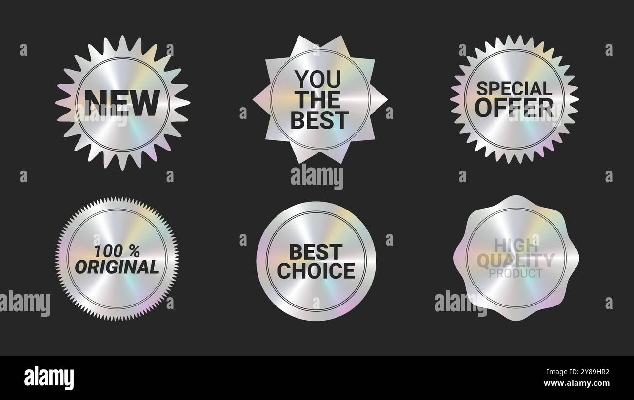 Holografische Aufkleber Logos Emblem Etiketten Farbset. Neu für dich das Beste. Zur Verpackung von Werbematerial. Aufkleber für Kleidung oder Accessoires. Vektorabbildung. Stock Vektor