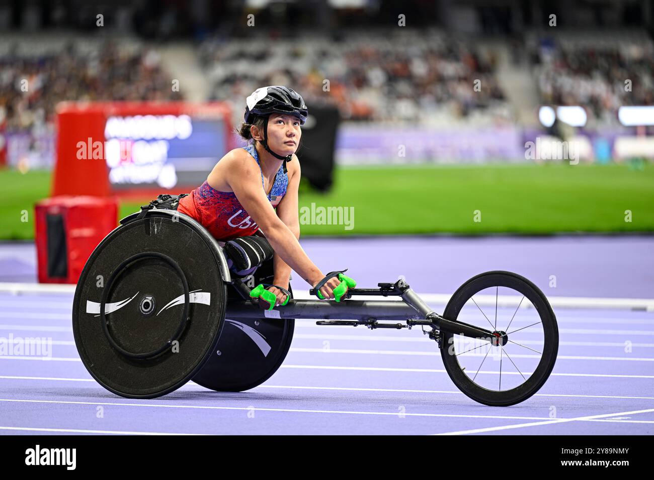 Kurse für Rollstuhlsportler (Frauen) während der Leichtathletik-Veranstaltung der Paralympischen Spiele 2024 in Paris, Frankreich am 5. September 2024. Quelle: Victor Joly/Alamy Live News Stockfoto