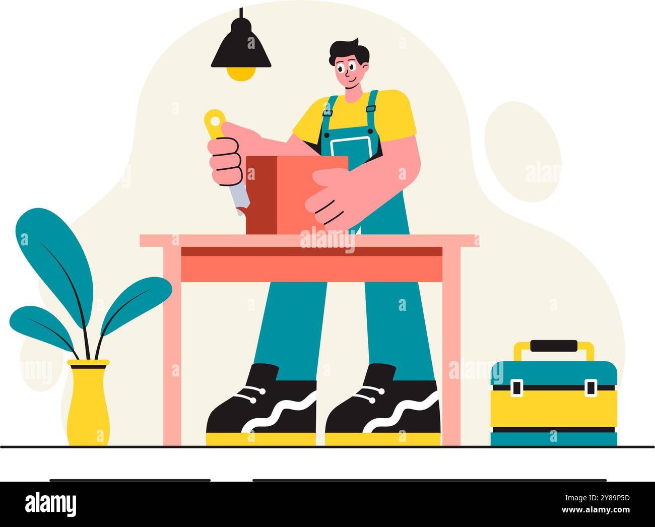 Holzbearbeitung Vektor-Illustration mit modernen Handwerkern und Arbeitern, die Möbel unter Verwendung von Werkzeugen in einem flachen Cartoon-Stil Hintergrund herstellen Stock Vektor