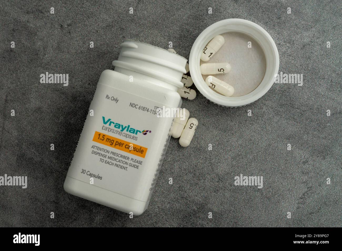Cariprazin, das unter dem Markennamen Vraylar verkauft wird, wird zur Behandlung von Schizophrenie, bipolarer Manie, bipolarer Depression und Depression angewendet. Stockfoto